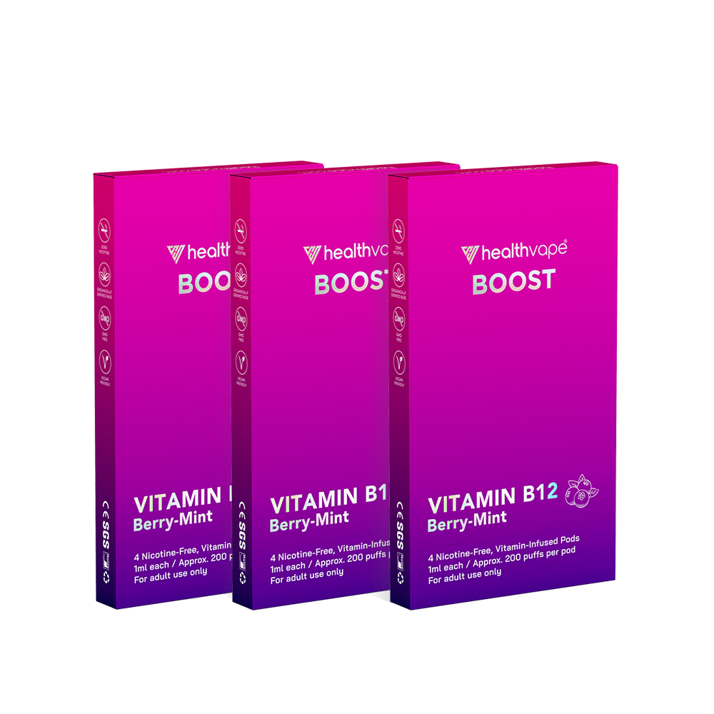 HealthVape BOOST Berry Mint Vitamin B12 pod packs, displayed in a set of three boxes.