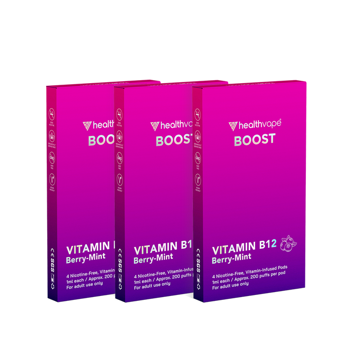 HealthVape BOOST Berry Mint Vitamin B12 pod packs, displayed in a set of three boxes.