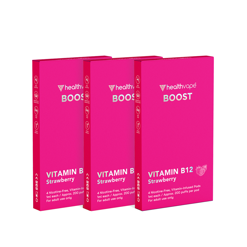 Three HealthVape Boost Vitamin B12 Strawberry boxes side by side