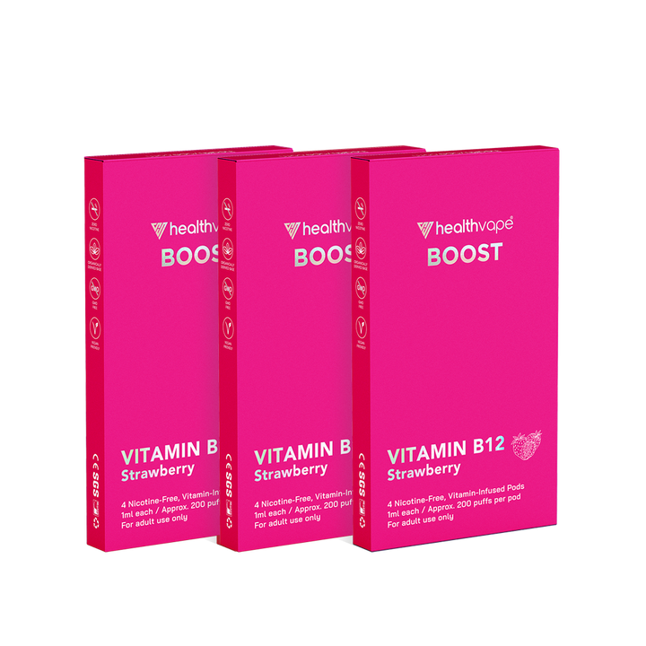 Three HealthVape Boost Vitamin B12 Strawberry boxes side by side