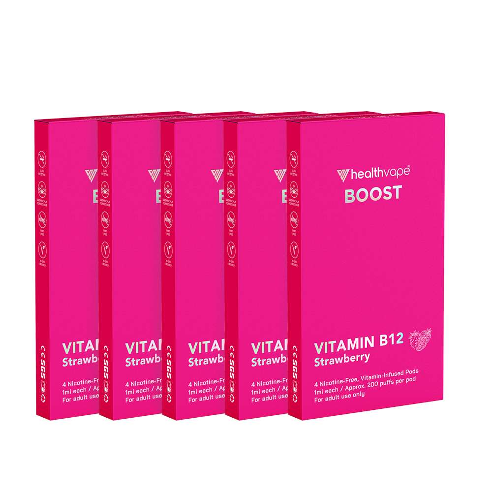 Five HealthVape Boost Vitamin B12 Strawberry boxes in a row
