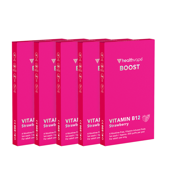 Five HealthVape Boost Vitamin B12 Strawberry boxes in a row