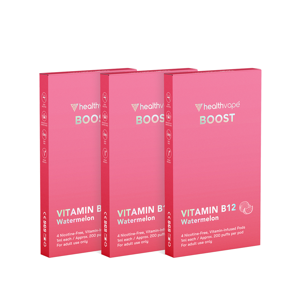 Three HealthVape Boost Vitamin B12 Watermelon boxes side by side