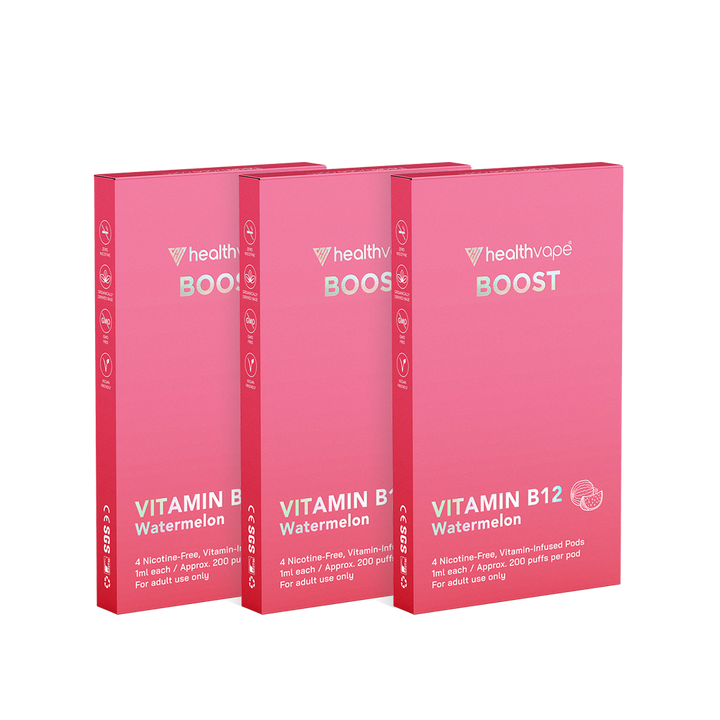 Three HealthVape Boost Vitamin B12 Watermelon boxes side by side