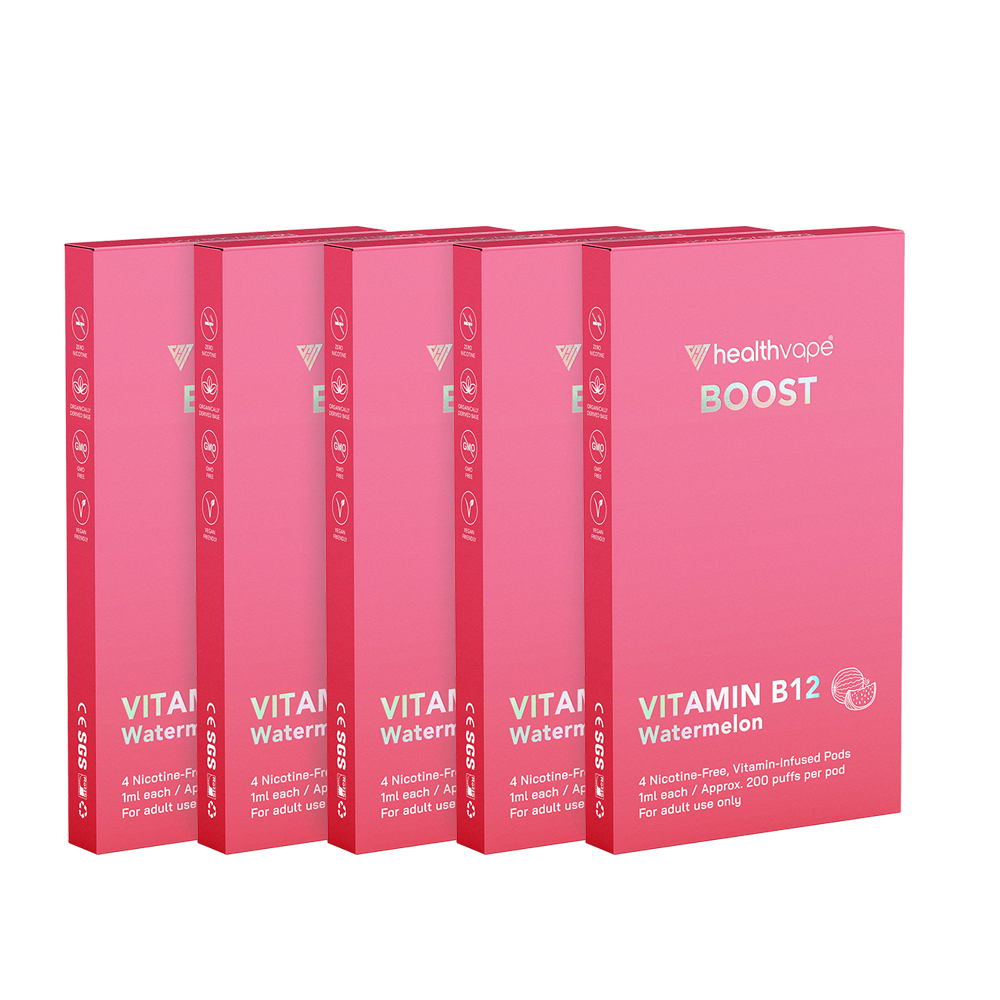 Five HealthVape Boost Vitamin B12 Watermelon boxes in a row
