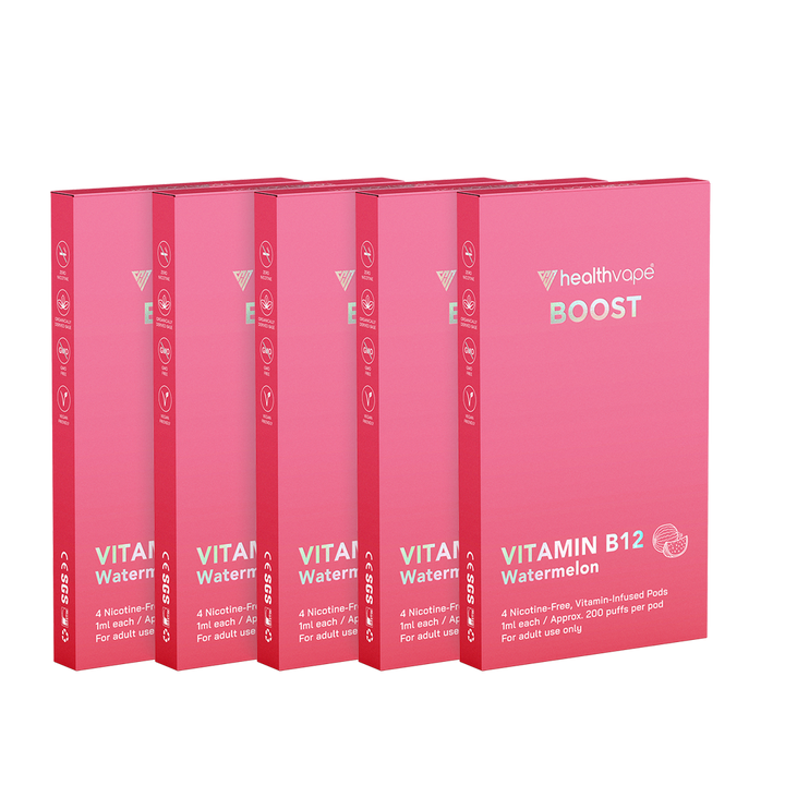 Five HealthVape Boost Vitamin B12 Watermelon boxes in a row