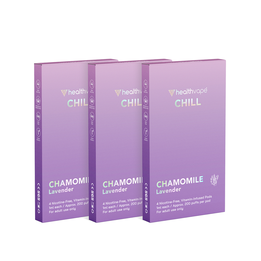Three packs of HealthVape CHILL Chamomile Lavender pods arranged upright, purple packaging visible.