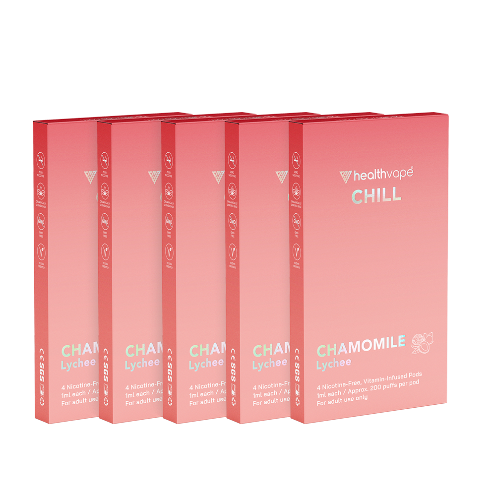 Five HealthVape Chill Chamomile Lychee boxes in a row