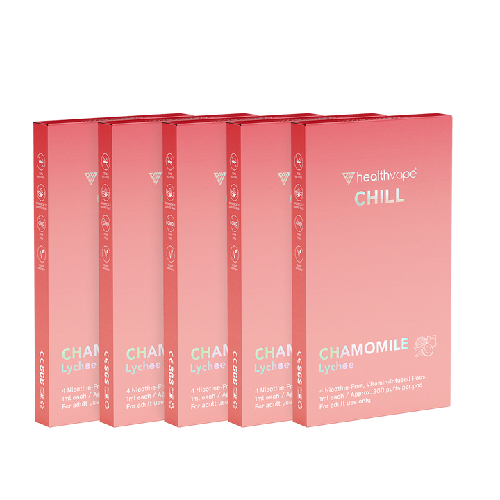 Five HealthVape Chill Chamomile Lychee boxes in a row