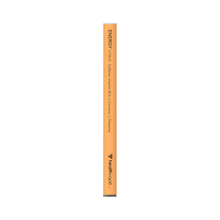 Animated HealthVape ENERGY Citrus disposable inhaler in orange design with labeled ingredients.