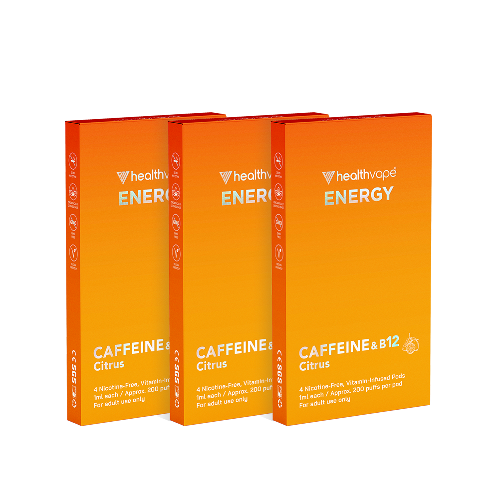 Three upright packs of HealthVape ENERGY Citrus pods with caffeine and B12, orange gradient packaging.