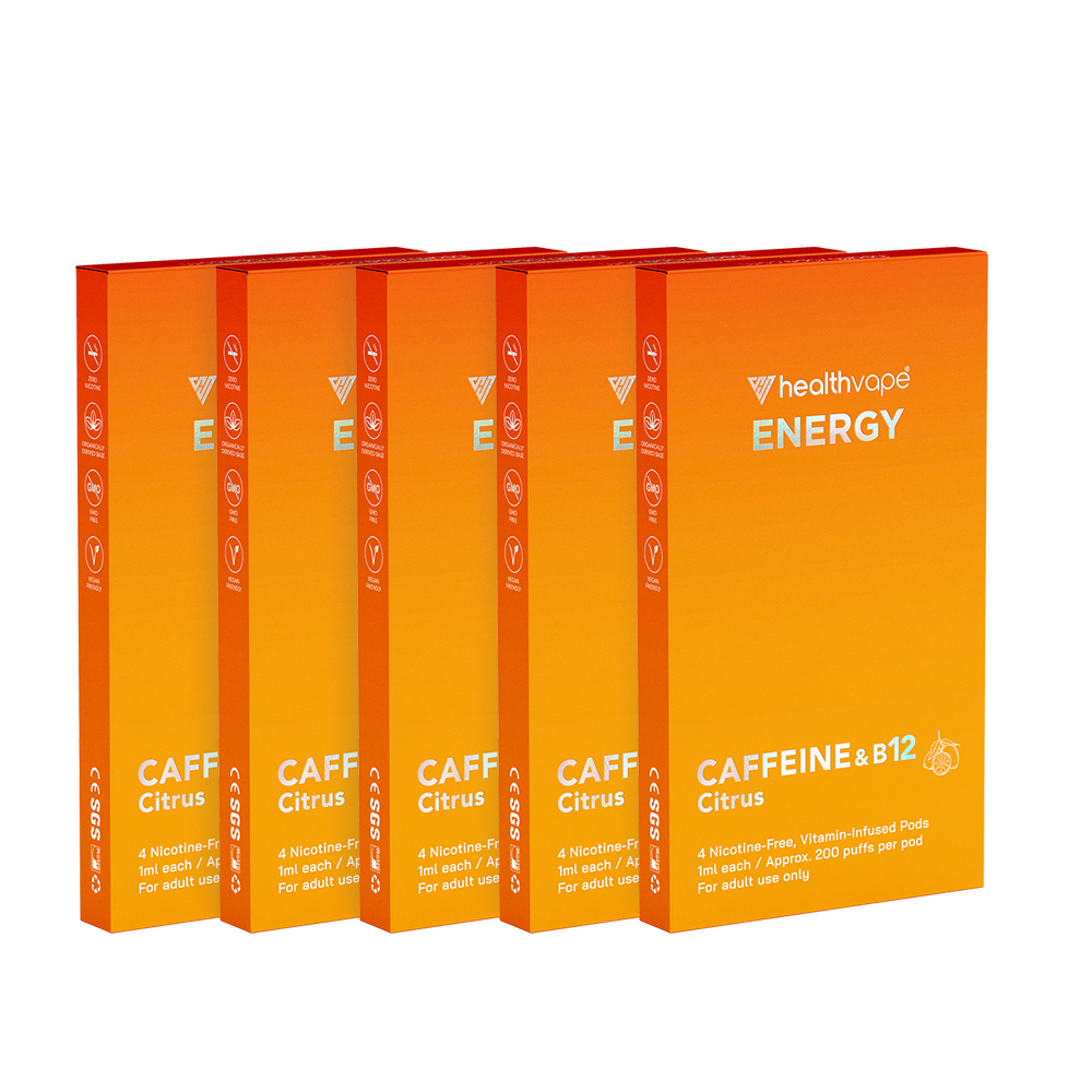 Five packs of HealthVape ENERGY Citrus pods with caffeine and B12, bright orange packaging displayed.