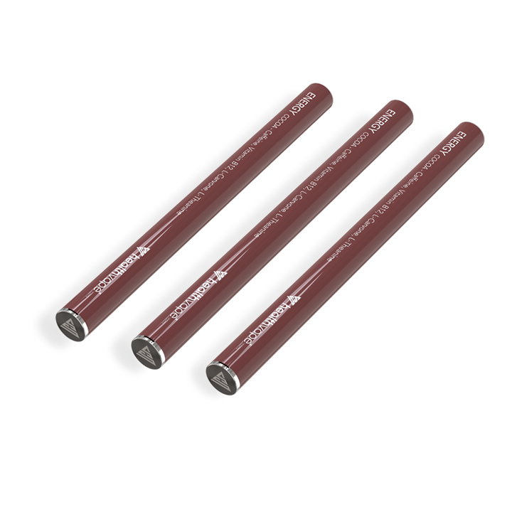 Three brown HealthVape Energy Cocoa disposable vape pens side by side