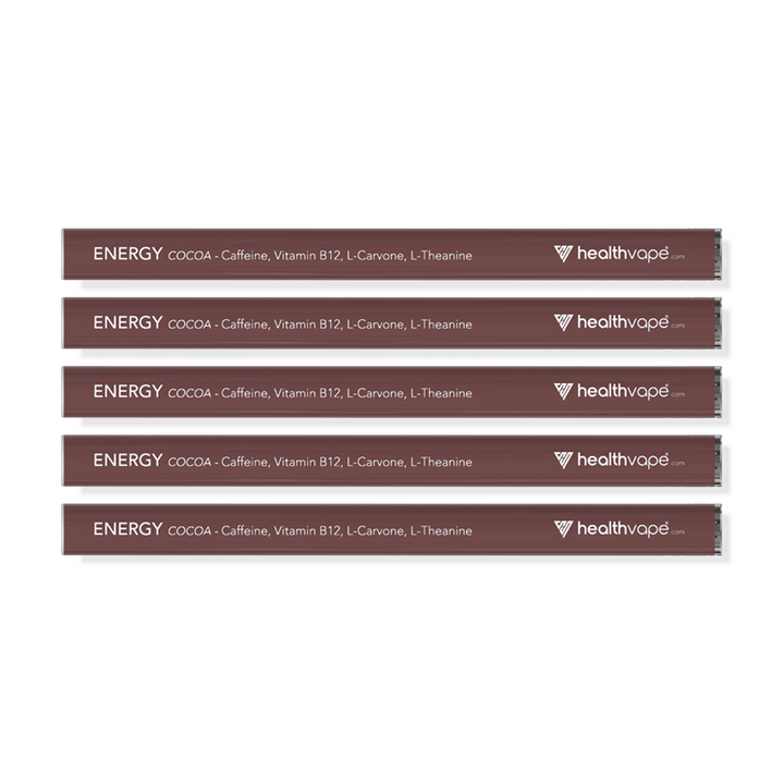 Five brown HealthVape Energy Cocoa disposable vape pens aligned horizontally