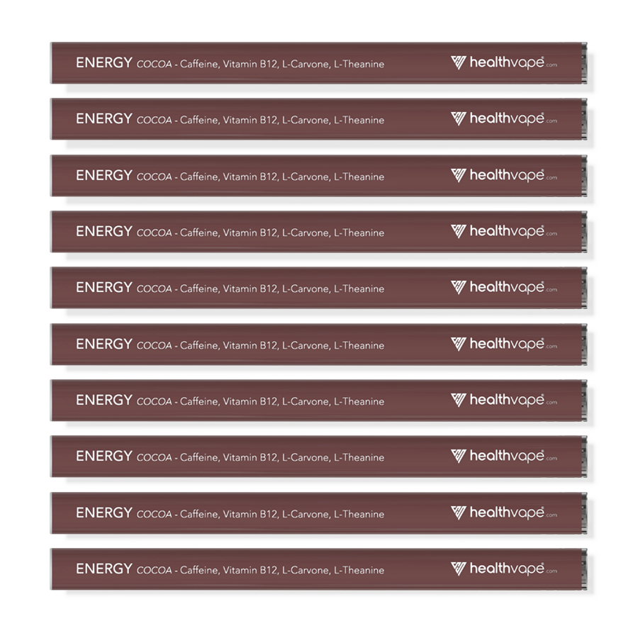 Ten brown HealthVape Energy Cocoa disposable vape pens displayed in stacked rows