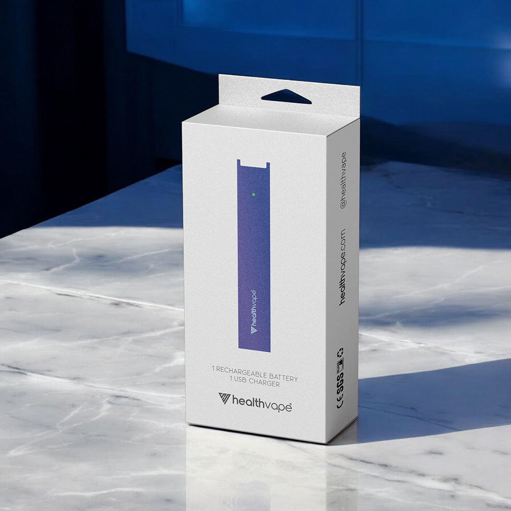 HealthVape rechargeable battery and USB charger kit packaging displayed on a marble surface.