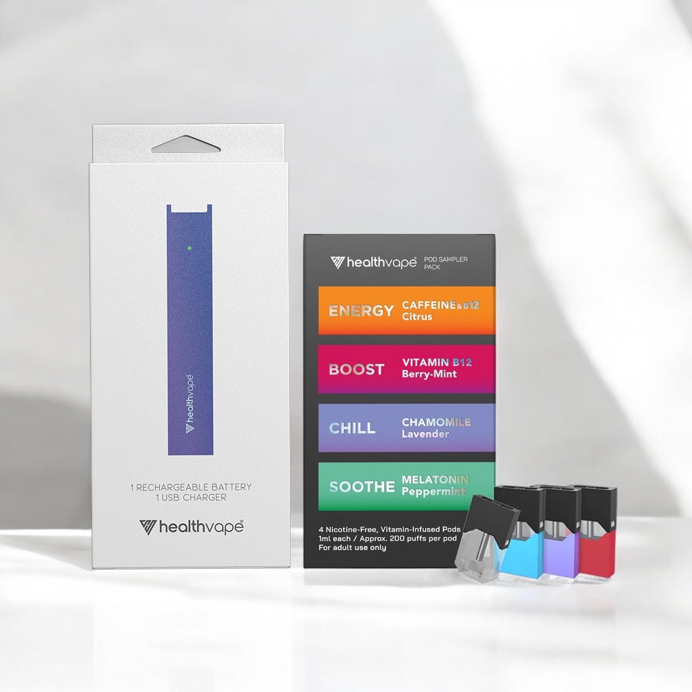 HealthVape rechargeable battery kit with four disposable pods in assorted flavors Energy, Boost, Chill, and Soothe