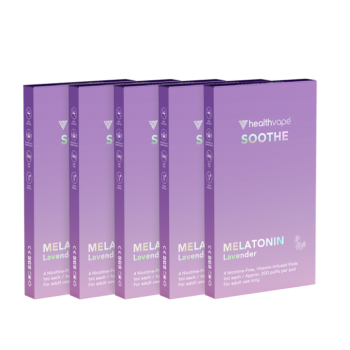 Five HealthVape Soothe Melatonin Lavender boxes in a row