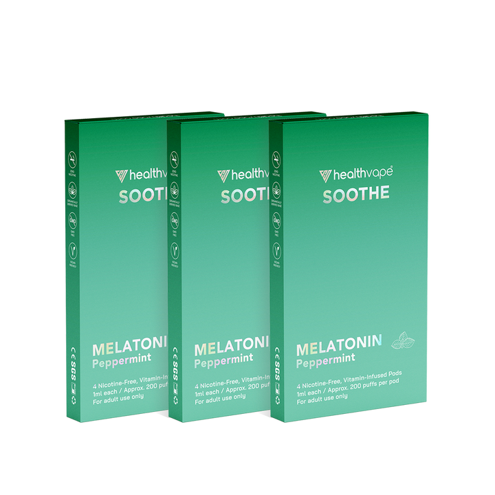 Three boxes of HealthVape SOOTHE Melatonin Peppermint Pods in green packaging, designed for calming support.