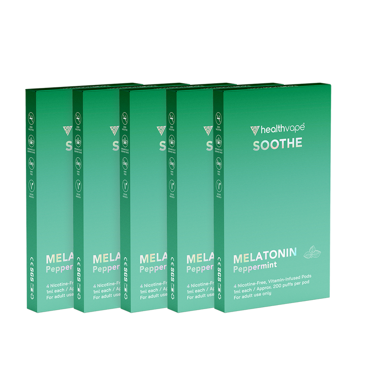 Five boxes of HealthVape SOOTHE Melatonin Peppermint Pods in green packaging, displayed side by side.
