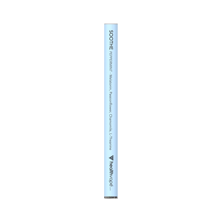 HealthVape SOOTHE disposable inhalers in light blue, labeled with Melatonin, Passionflower, Chamomile, and L-Theanine.