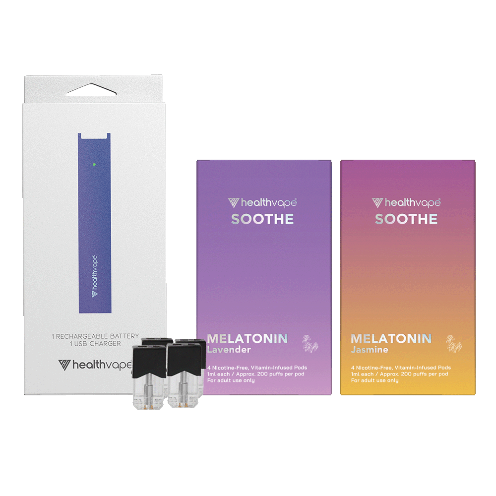 HealthVape Soothe combo pack with Melatonin Lavender and Jasmine disposable pods plus rechargeable battery