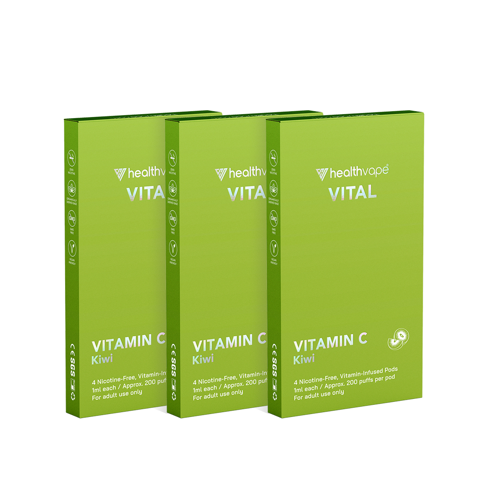 Three HealthVape VITAL Kiwi Vitamin C pod packs arranged side by side.