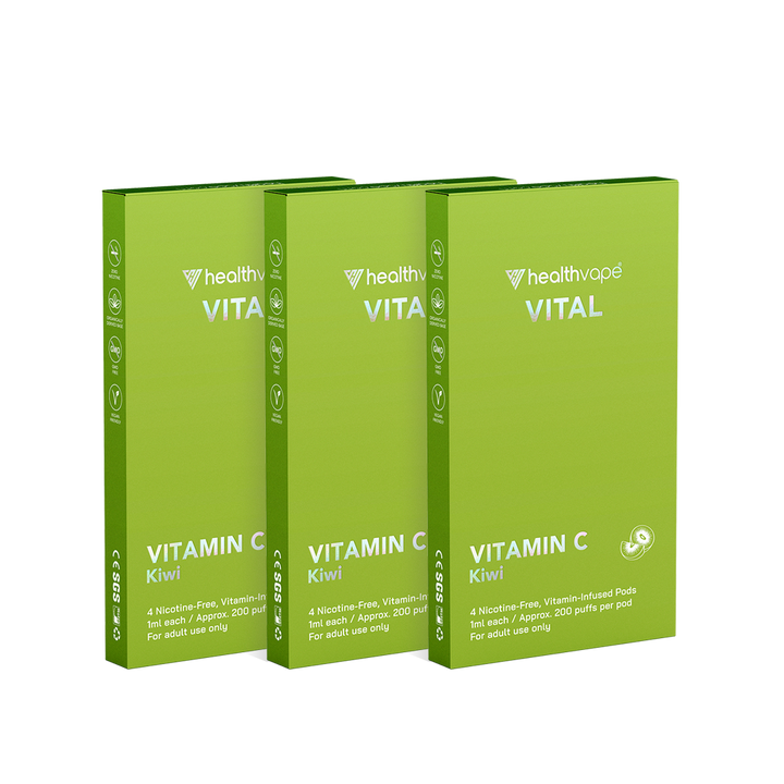 Three HealthVape VITAL Kiwi Vitamin C pod packs arranged side by side.