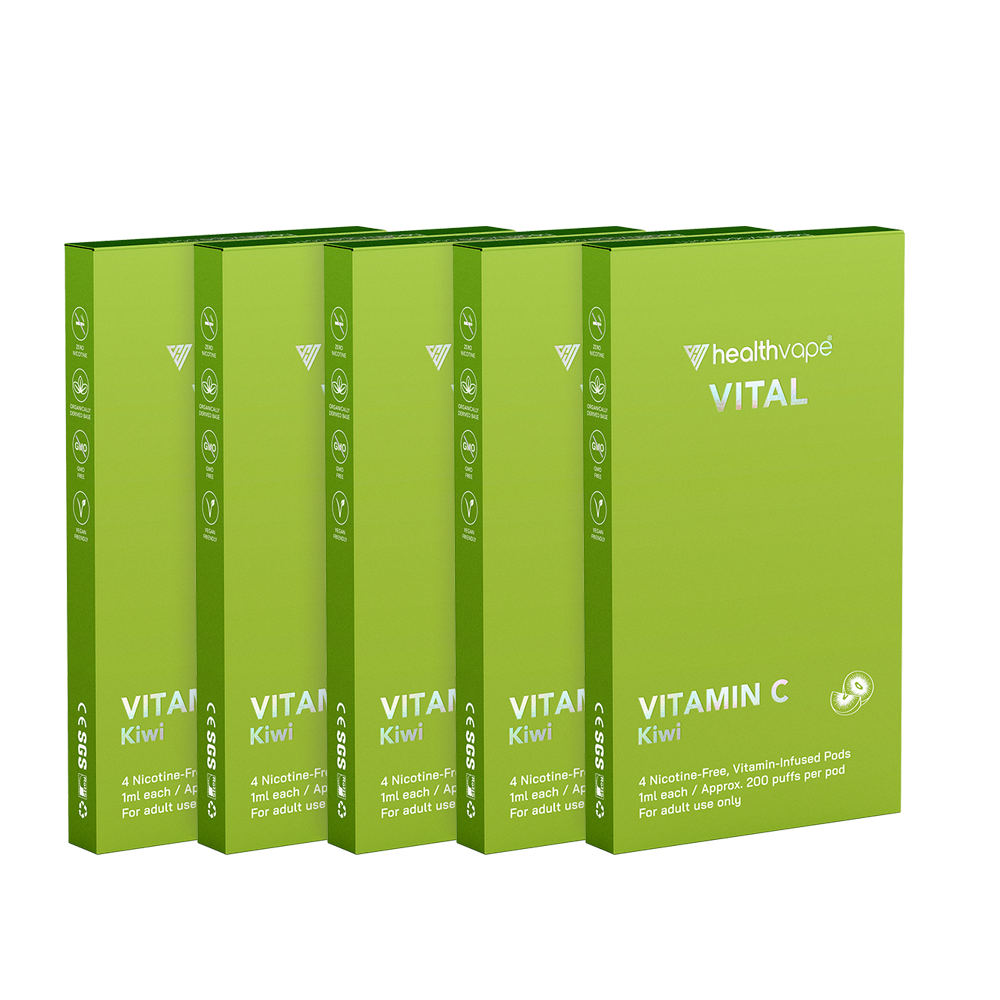 Four HealthVape VITAL Kiwi Vitamin C pod packs lined up in a row.