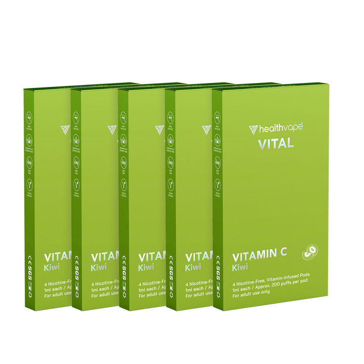 Four HealthVape VITAL Kiwi Vitamin C pod packs lined up in a row.