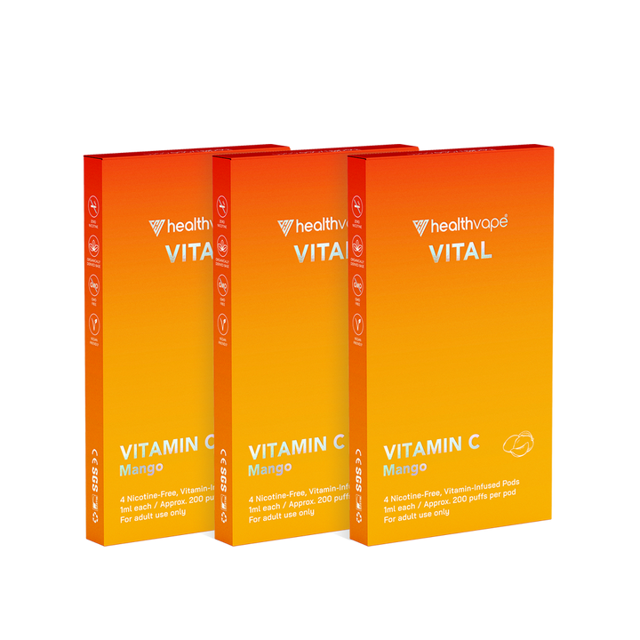Three HealthVape Vital Vitamin C Mango boxes side by side