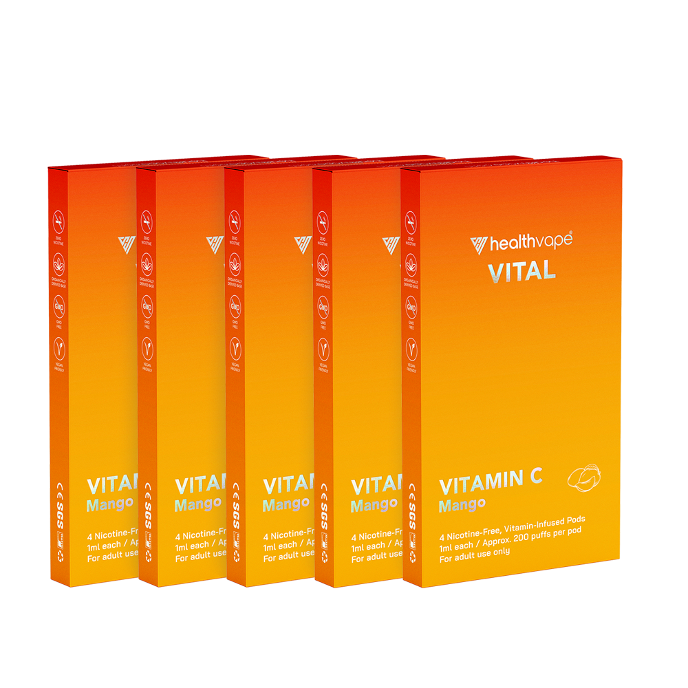 Five HealthVape Vital Vitamin C Mango boxes in a row