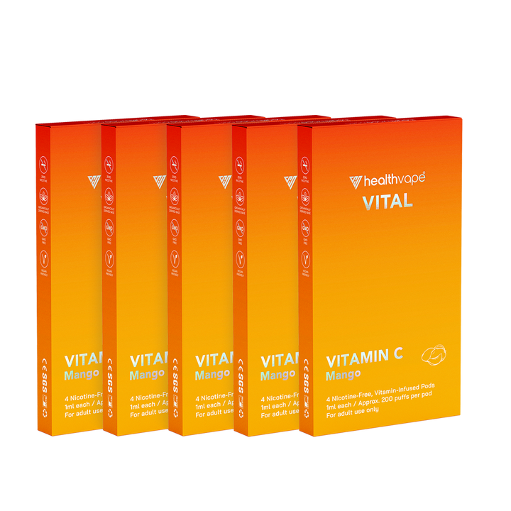 Five HealthVape Vital Vitamin C Mango boxes in a row