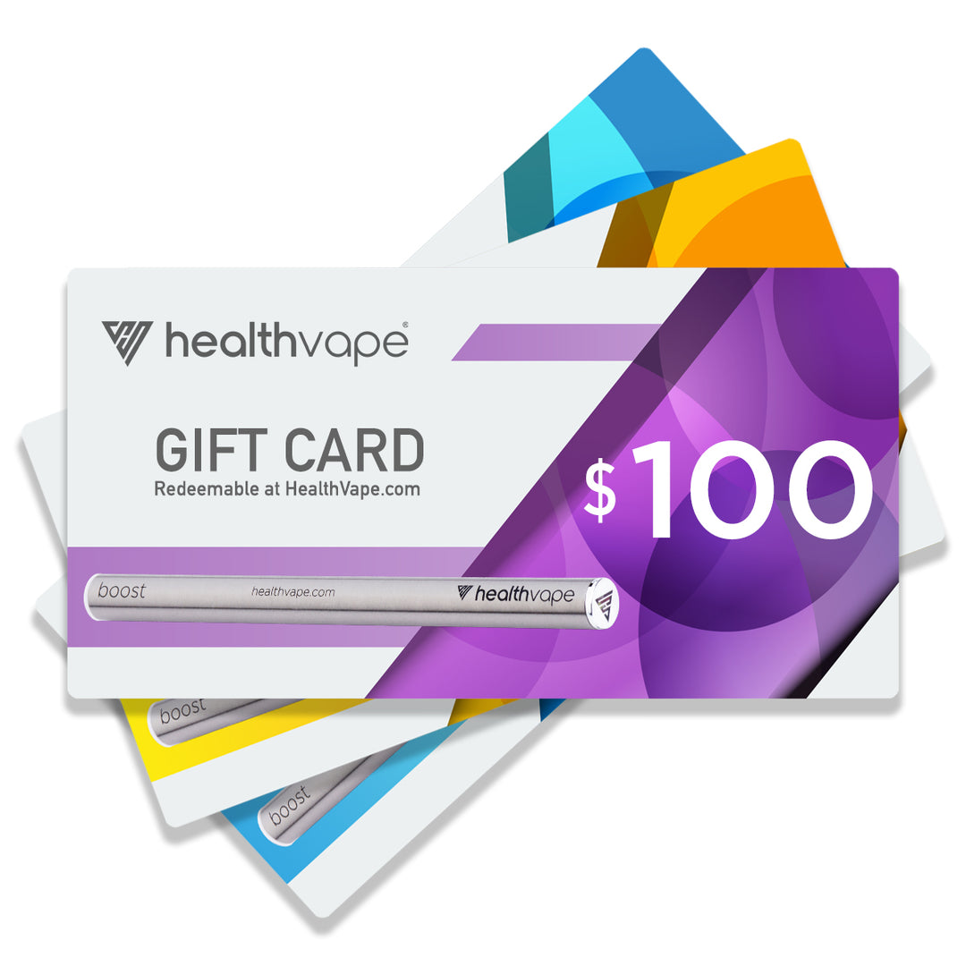 HealthVape $100 gift card in purple design, shown with additional cards in blue, yellow, and red.