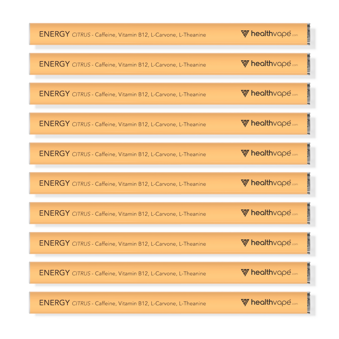 Ten HealthVape ENERGY Citrus disposable inhalers in orange design, highlighting Caffeine, Vitamin B12, L-Carvone, and L-Theanine.
