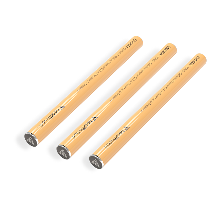 Three HealthVape ENERGY Citrus disposable inhalers in orange design, featuring Caffeine, Vitamin B12, L-Carvone, and L-Theanine.
