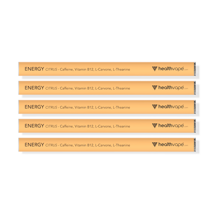 Five HealthVape ENERGY Citrus disposable inhalers in orange design, labeled with Caffeine, Vitamin B12, L-Carvone, and L-Theanine.