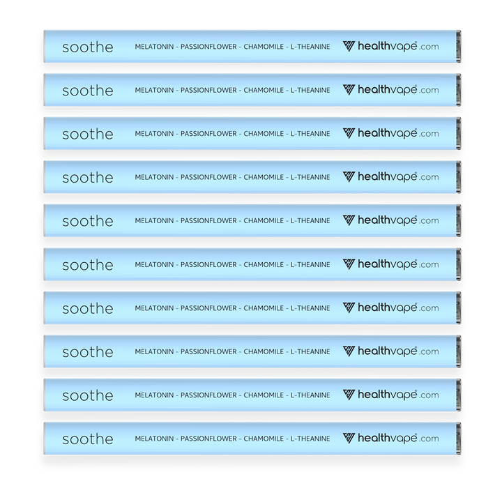 Ten HealthVape SOOTHE disposable inhalers in light blue design, labeled with Melatonin, Passionflower, Chamomile, and L-Theanine.
