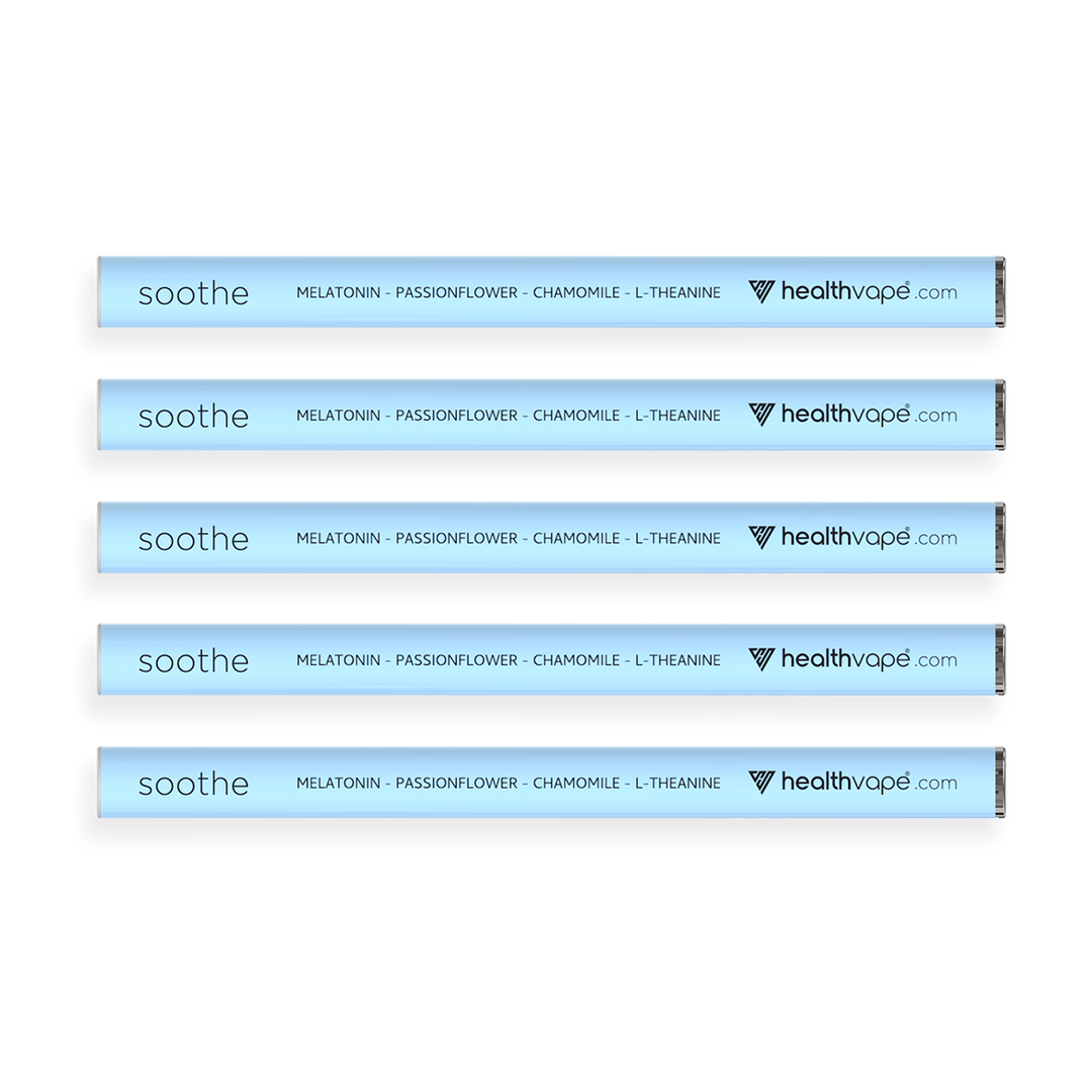 Five HealthVape SOOTHE disposable inhalers in light blue design, highlighting calming ingredients Melatonin, Passionflower, Chamomile, and L-Theanine.