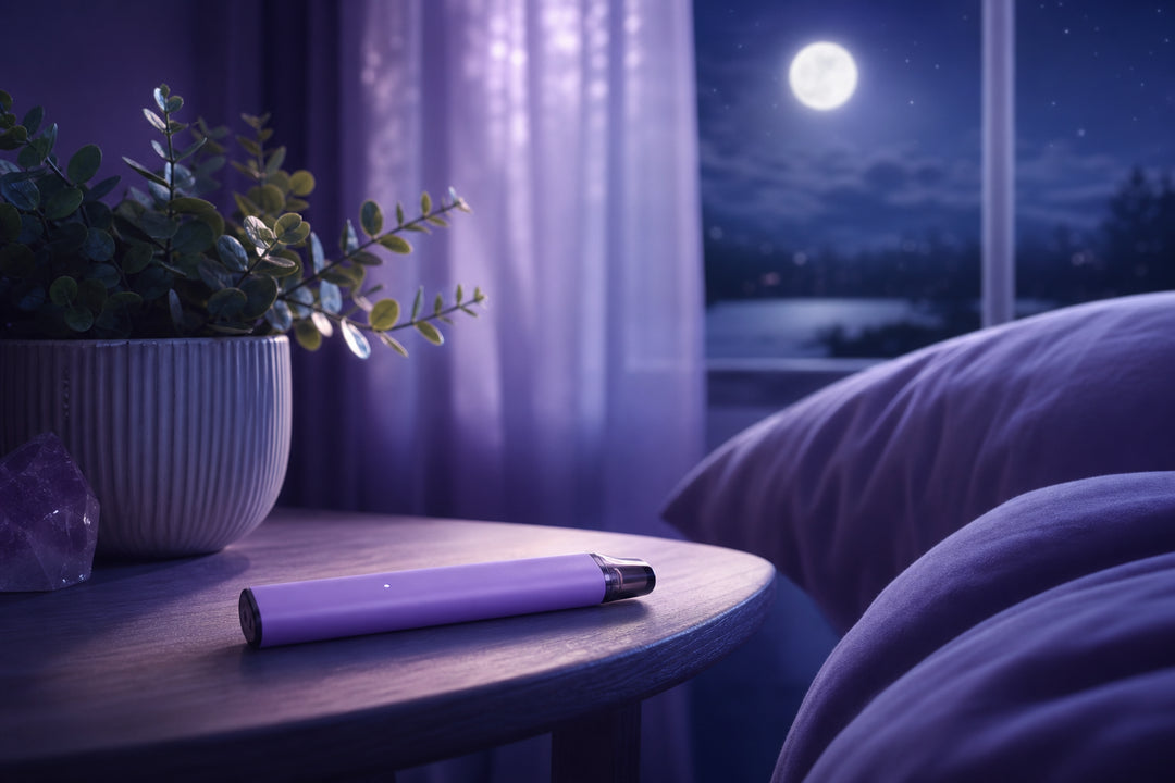 Melatonin vape pen on nightstand with calming lavender tones