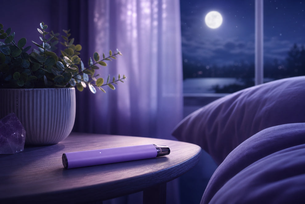 Melatonin vape pen on nightstand with calming lavender tones