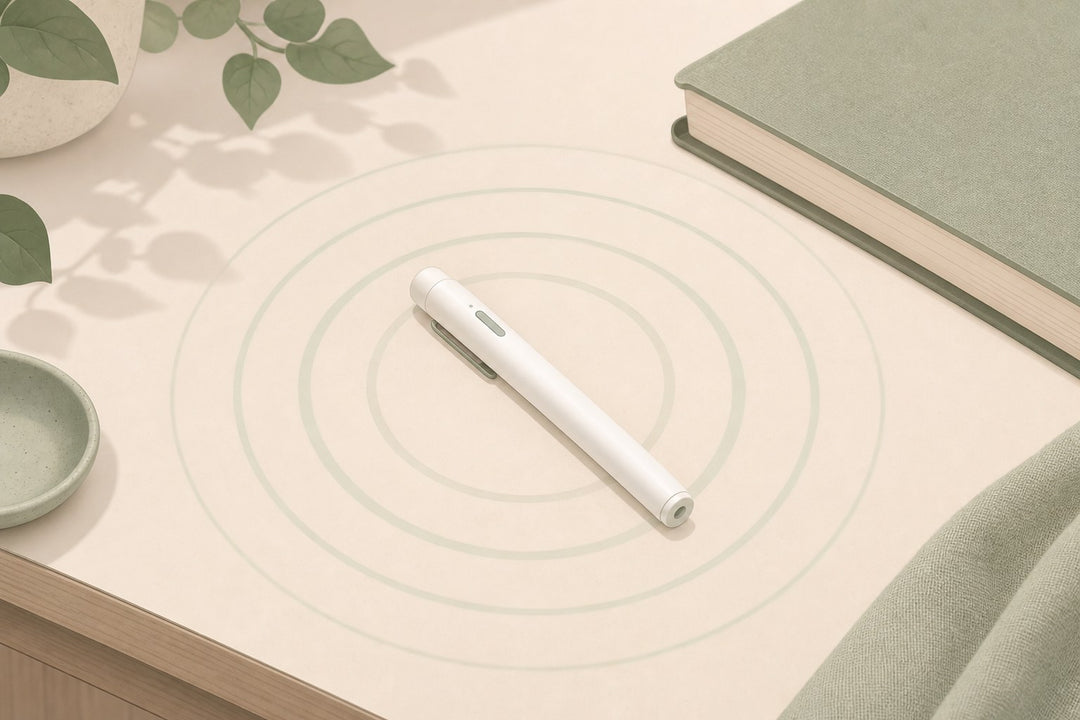 A slim white nicotine-free diffuser pen on a desk with soft breathing rings