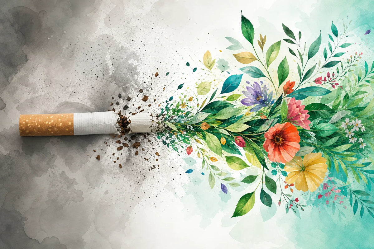 Cigarette dissolving into colorful botanical flowers and leaves