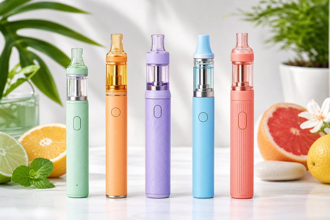 Colorful lineup of vitamin vape pens in pastel colors