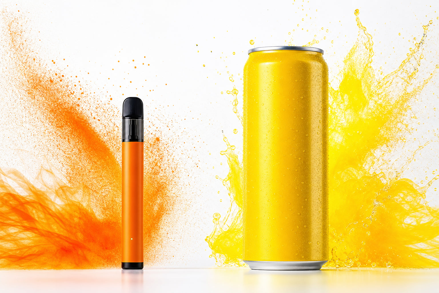 Caffeine vape pen next to energy drink can size comparison