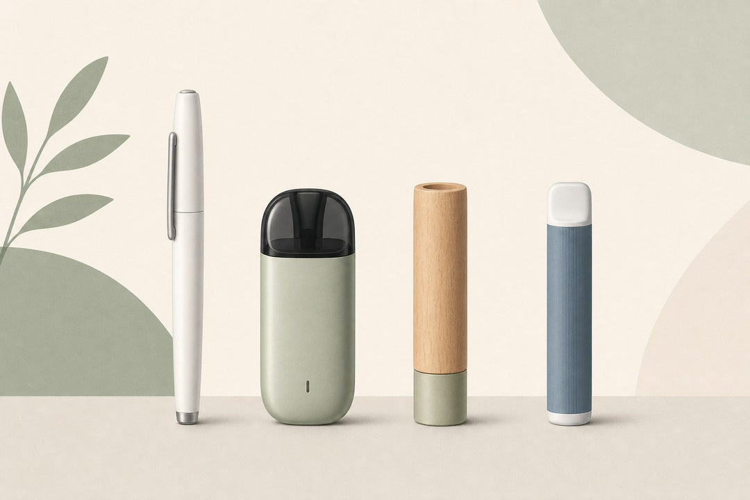 Four nicotine-free inhaler devices lined up side by side for comparison