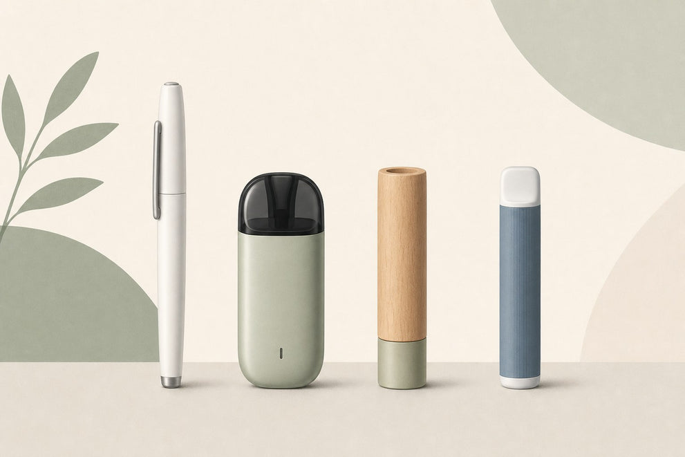 Four nicotine-free inhaler devices lined up side by side for comparison