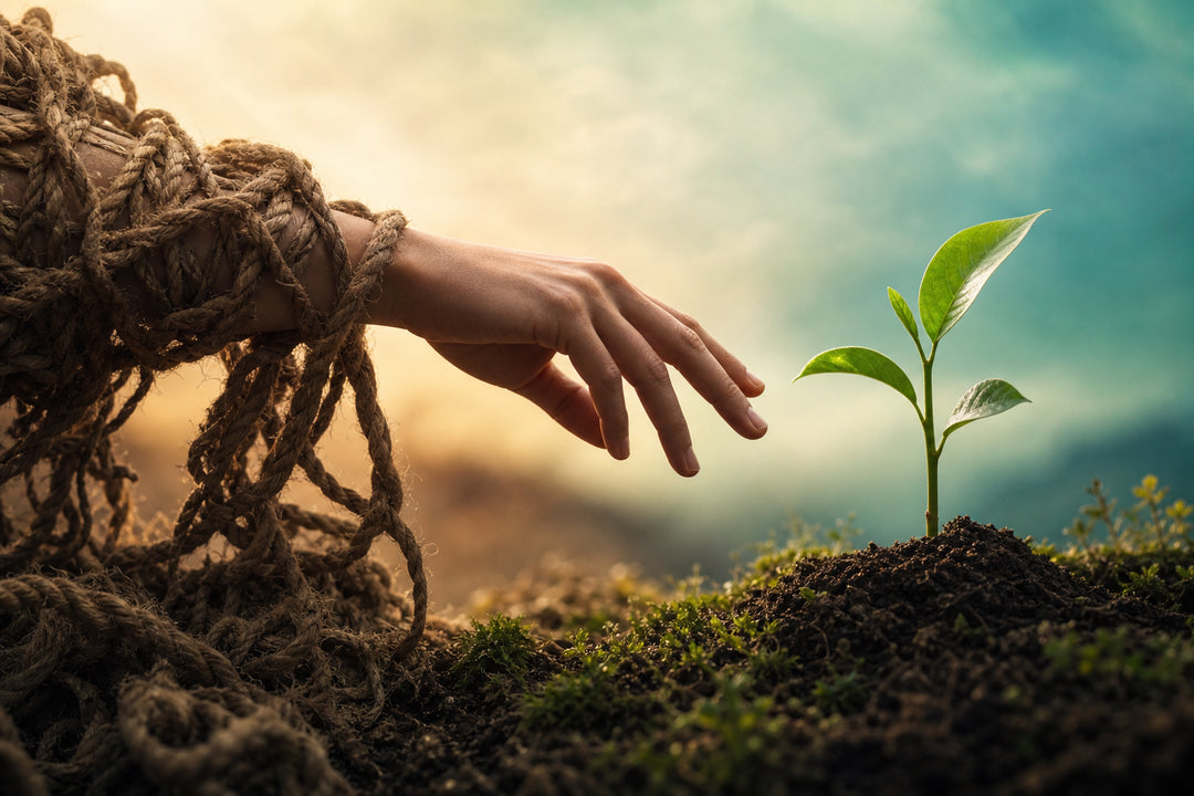 Hand reaching from old habits toward fresh growth, symbolizing habit replacement