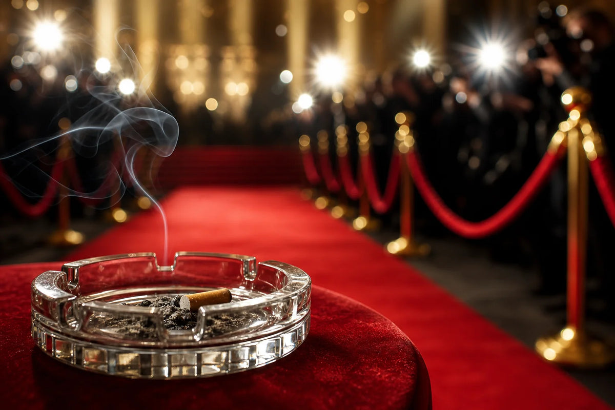Hollywood red carpet scene with stubbed cigarette, representing celebrities who quit smoking