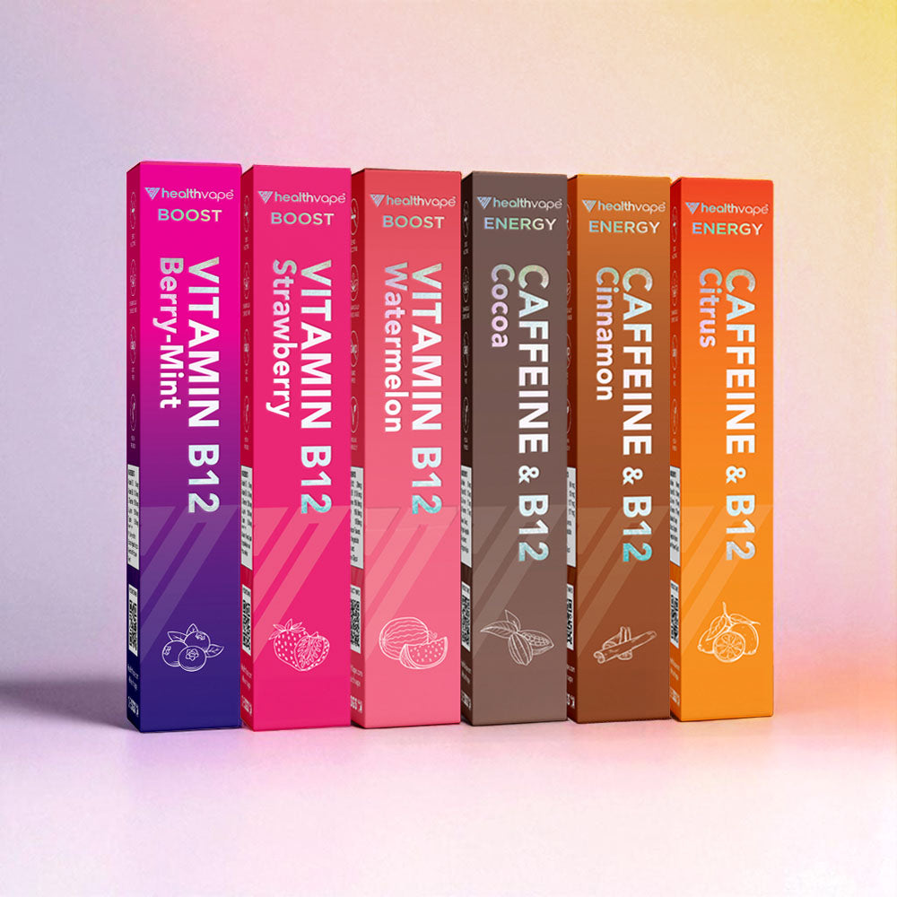 Six HealthVape ENERGY and BOOST pens: caffeine and B12 variety pack with fruit